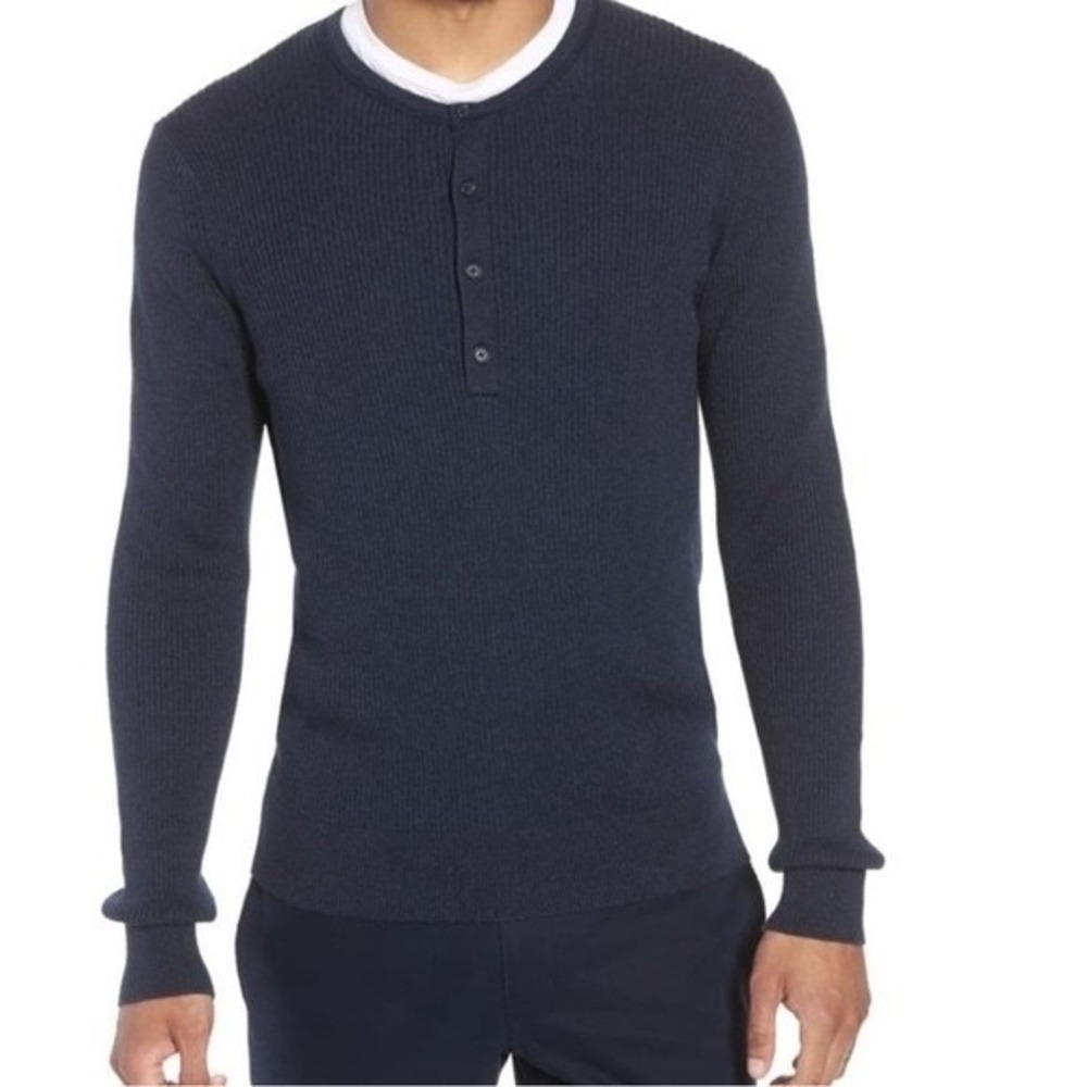 Vince Mens‎  1/4 Button Linen Blend Sweater Size L Navy Blue Ribbed Quiet Luxury